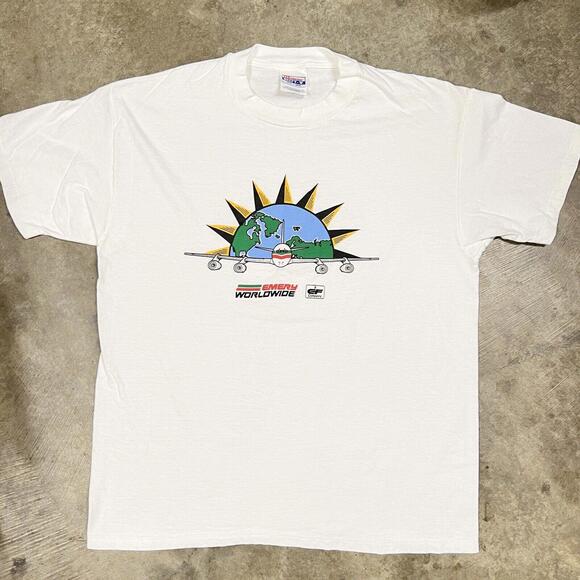 VTG Emery Worldwide Airlines T Shirt Fashion & Textile Team Rare 2 Sided Sz L